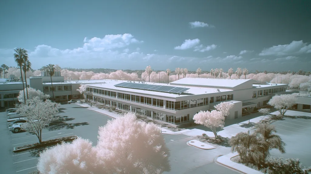 A commercial roof on a school in a location similar to Beverly Hills with an infrared photography aesthetic (AI image)
