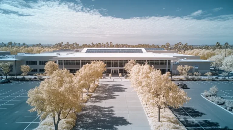 A commercial roof on a school in a location similar to Beverly Hills with an infrared photography aesthetic (AI image)