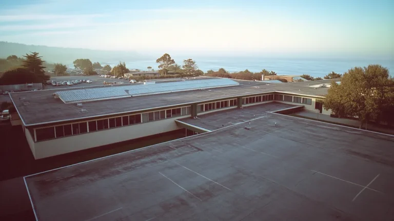 A commercial roof on a school in a location similar to Big Sur with a Polaroid aesthetic (AI image)