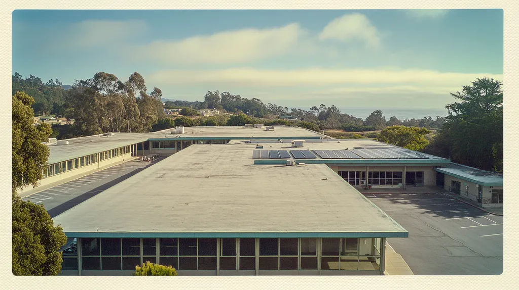 A commercial roof on a school in a location similar to Big Sur with a Polaroid aesthetic (AI image)