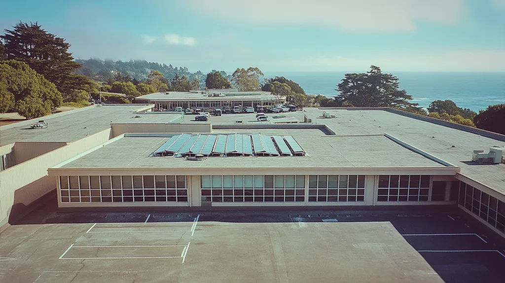 A commercial roof on a school in a location similar to Big Sur with a Polaroid aesthetic (AI image)