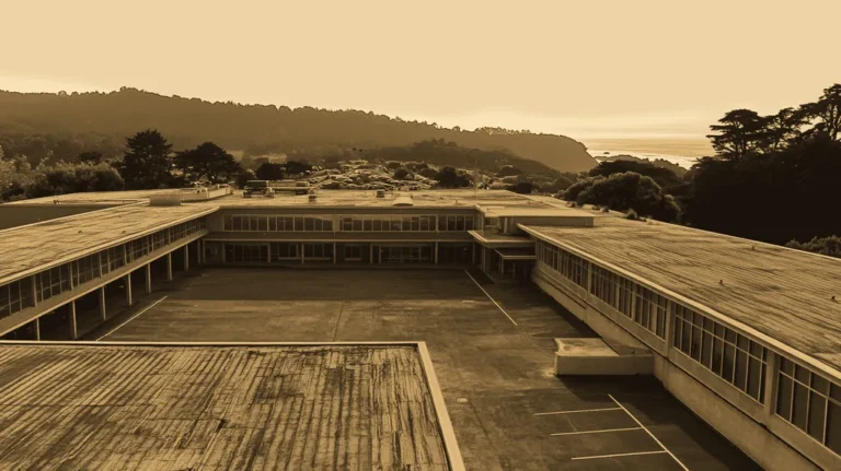 A commercial roof on a school in a location similar to Big Sur with an architectural sketch rendering aesthetic (AI image)