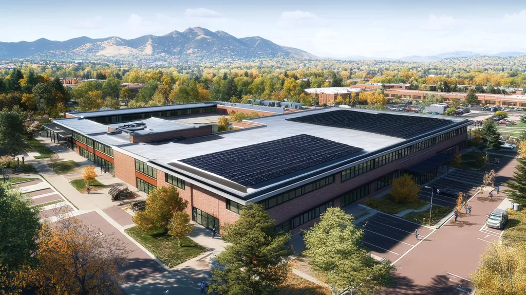 A commercial roof on a school in a location similar to Boulder with a comic book style aesthetic (AI image)
