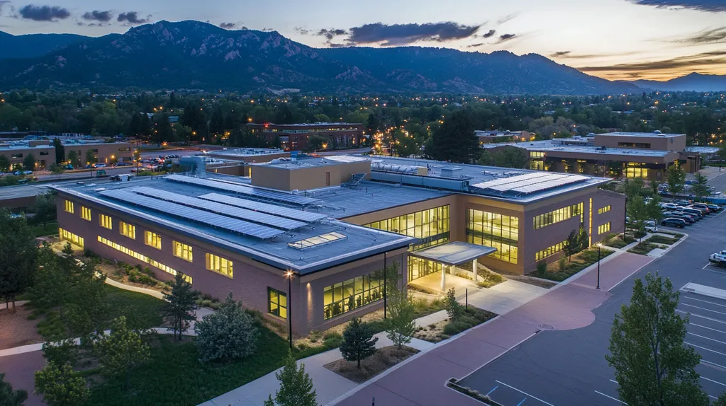A commercial roof on a school in a location similar to Boulder with an illuminated nightscape aesthetic (AI image)