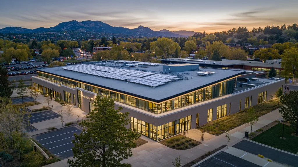 A commercial roof on a school in a location similar to Boulder with an illuminated nightscape aesthetic (AI image)