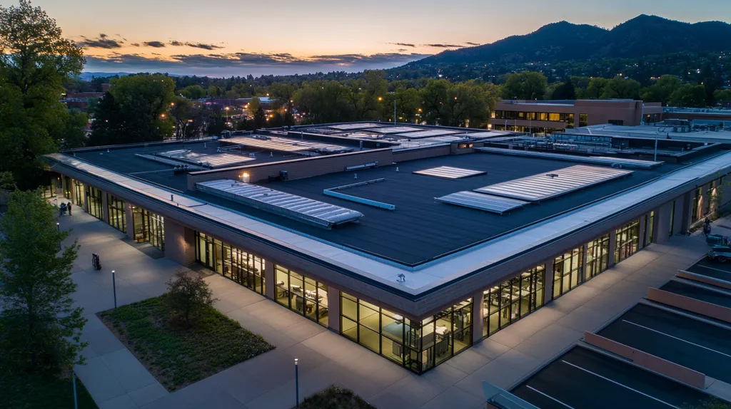 A commercial roof on a school in a location similar to Boulder with an illuminated nightscape aesthetic (AI image)