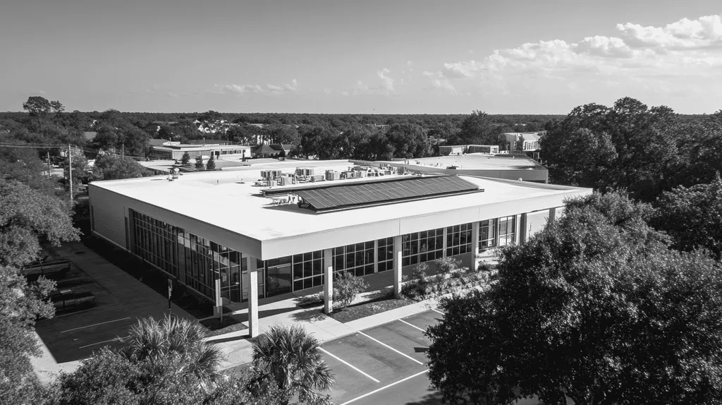 A commercial roof on a school in a location similar to Charleston with a black and white photography aesthetic (AI image)