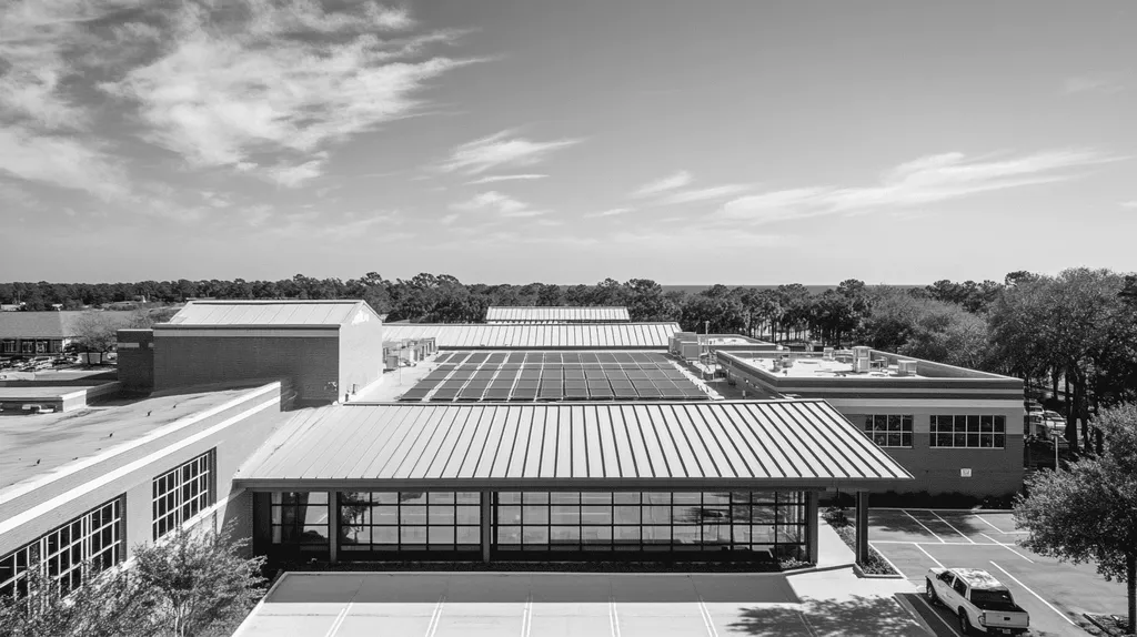 A commercial roof on a school in a location similar to Charleston with a black and white photography aesthetic (AI image)