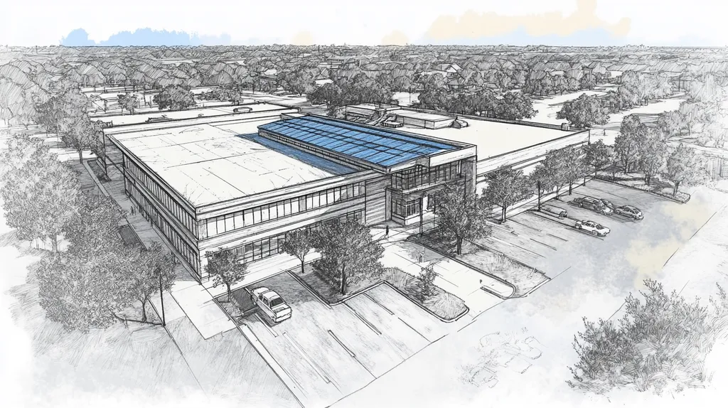 A commercial roof on a school in a location similar to Charleston with a charcoal sketch aesthetic (AI image)