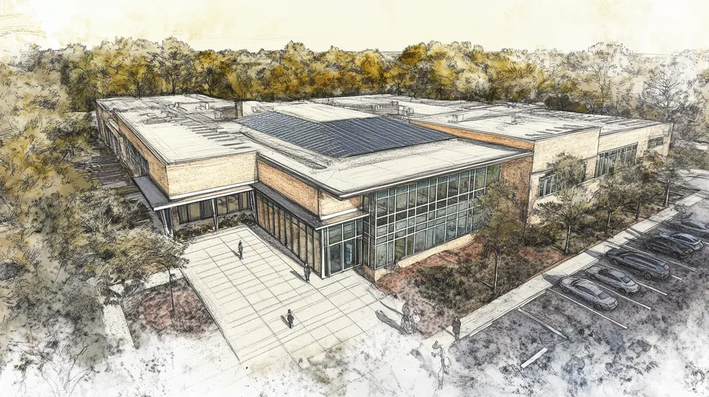 A commercial roof on a school in a location similar to Charleston with a charcoal sketch aesthetic (AI image)