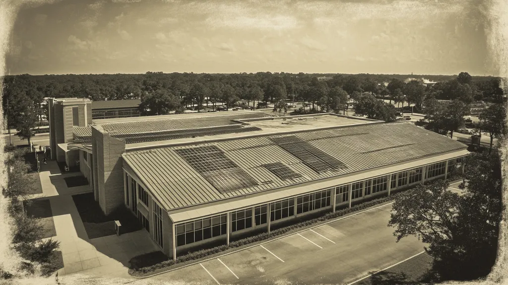 A commercial roof on a school in a location similar to Charleston with a tintype aesthetic (AI image)