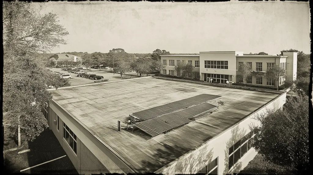 A commercial roof on a school in a location similar to Charleston with a tintype aesthetic (AI image)