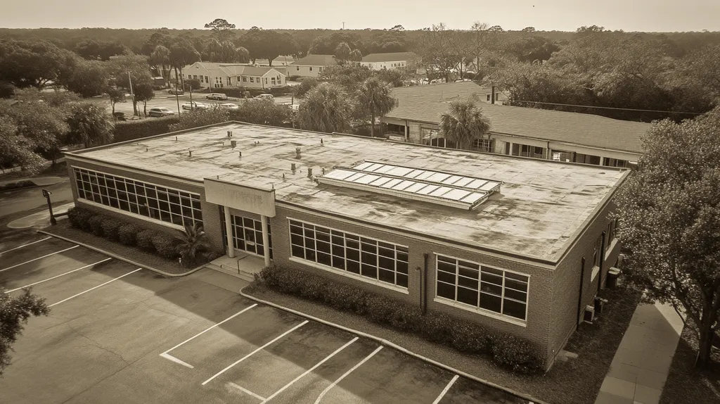 A commercial roof on a school in a location similar to Charleston with a tintype aesthetic (AI image)