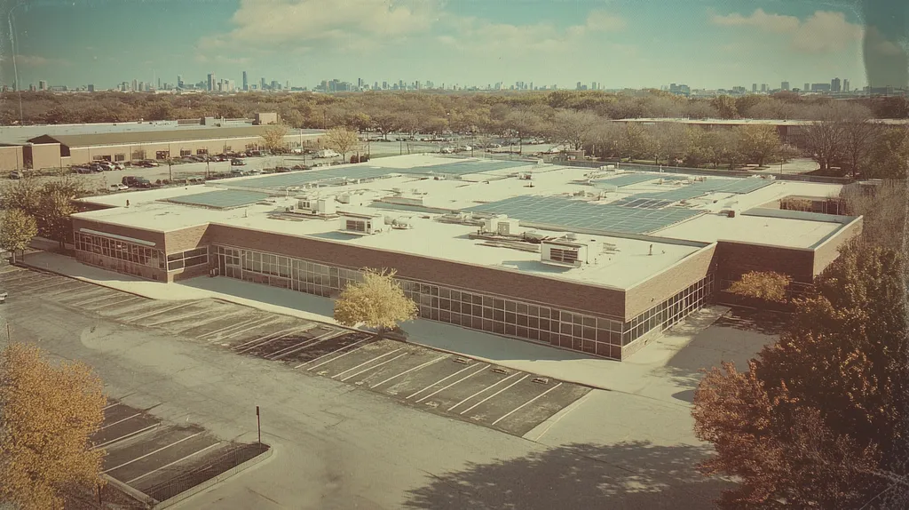 A commercial roof on a school in a location similar to Chicago with a Polaroid aesthetic (AI image)
