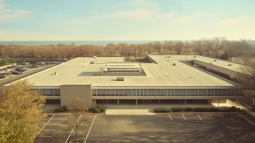 A commercial roof on a school in a location similar to Chicago with a Polaroid aesthetic (AI image)