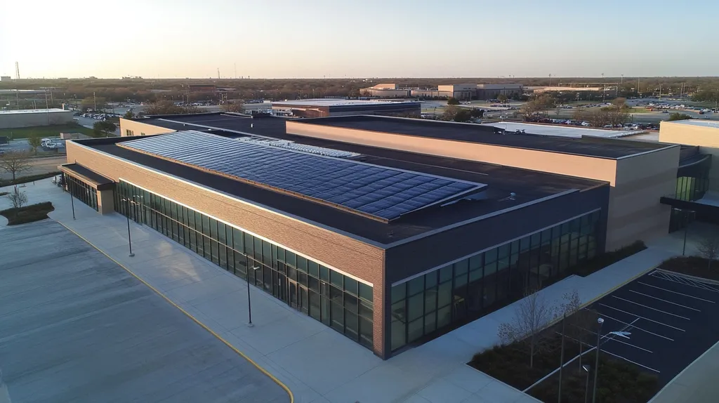 A commercial roof on a school in a location similar to Dallas with a color highlight aesthetic (AI image)