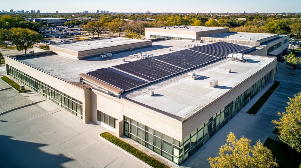 A commercial roof on a school in a location similar to Dallas with a color highlight aesthetic (AI image)