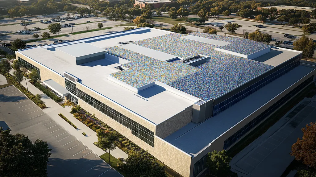 A commercial roof on a school in a location similar to Dallas with a mosaic tile art aesthetic (AI image)