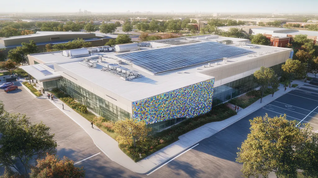A commercial roof on a school in a location similar to Dallas with a mosaic tile art aesthetic (AI image)