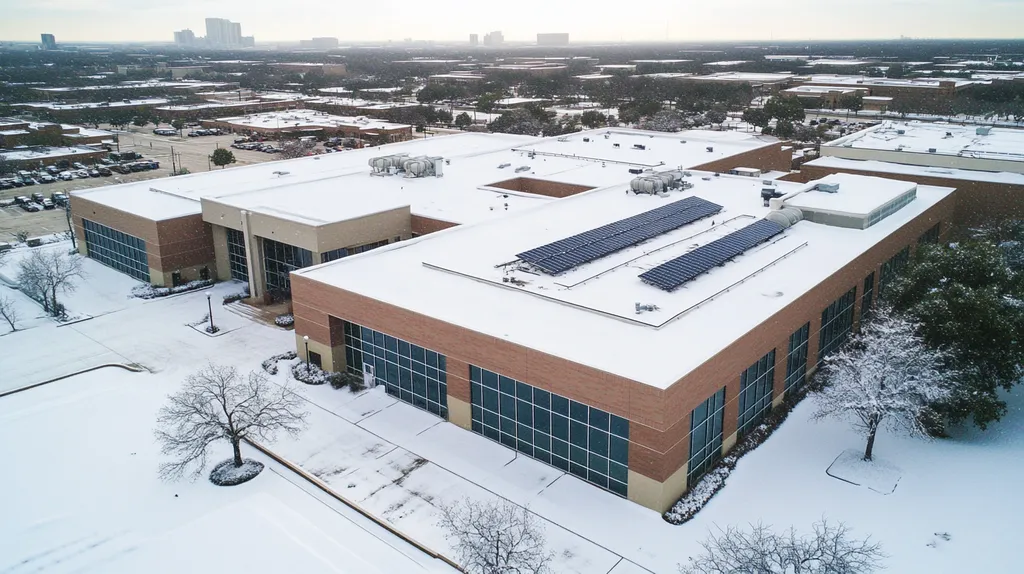 A commercial roof on a school in a location similar to Dallas with a snowy day aesthetic (AI image)