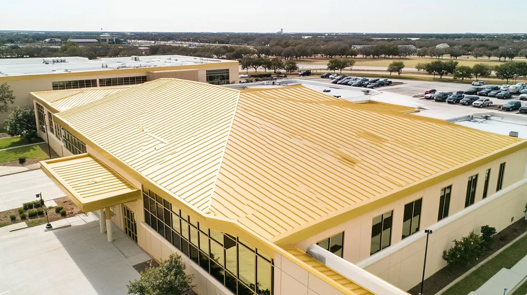 A commercial roof on a school in a location similar to Dallas with a solid gold aesthetic (AI image)