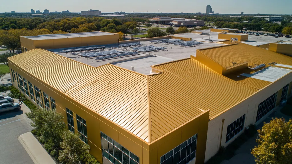 A commercial roof on a school in a location similar to Dallas with a solid gold aesthetic (AI image)