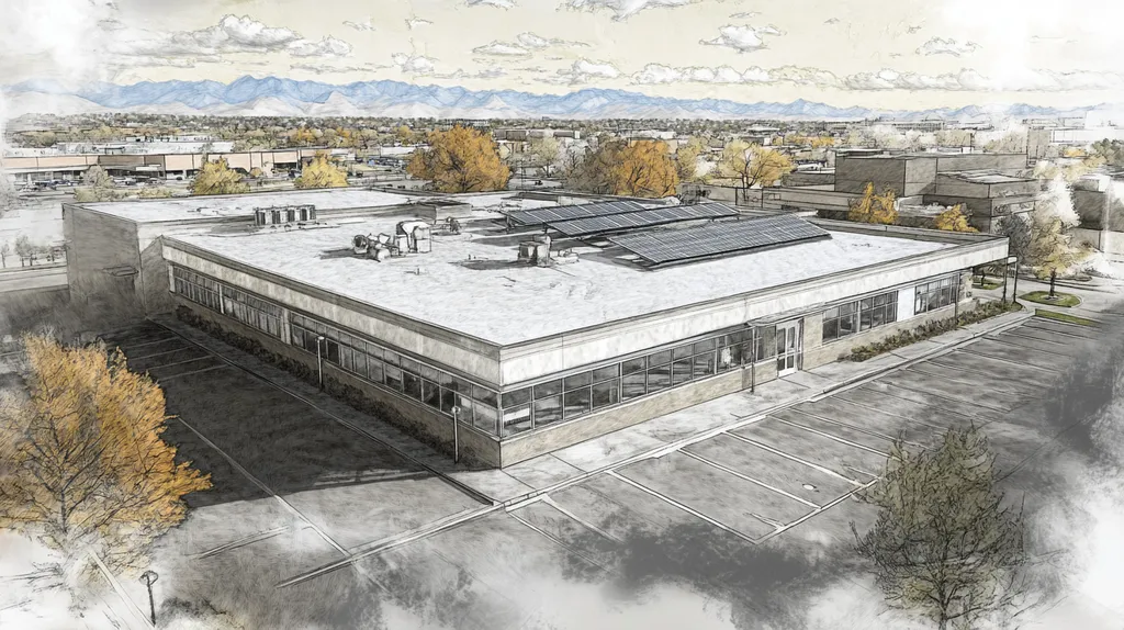 A commercial roof on a school in a location similar to Denver with a charcoal sketch aesthetic (AI image)