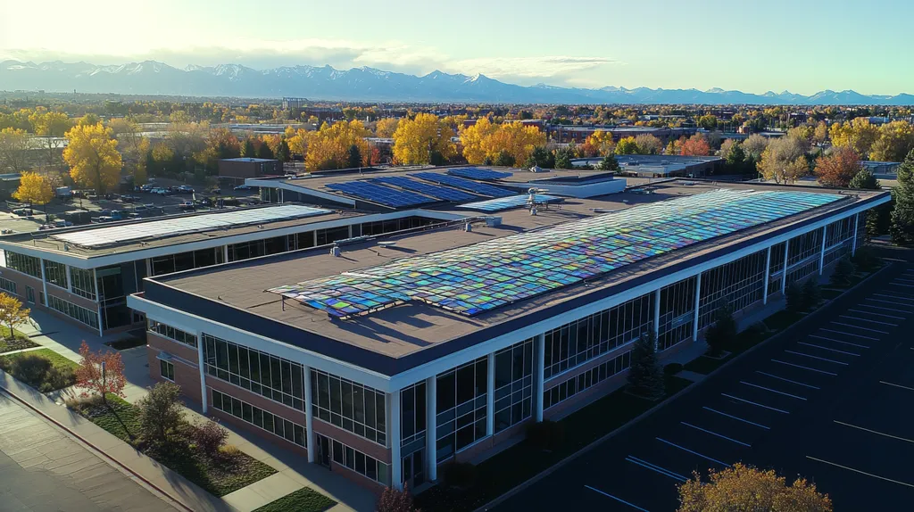 A commercial roof on a school in a location similar to Denver with a stained glass style aesthetic (AI image)