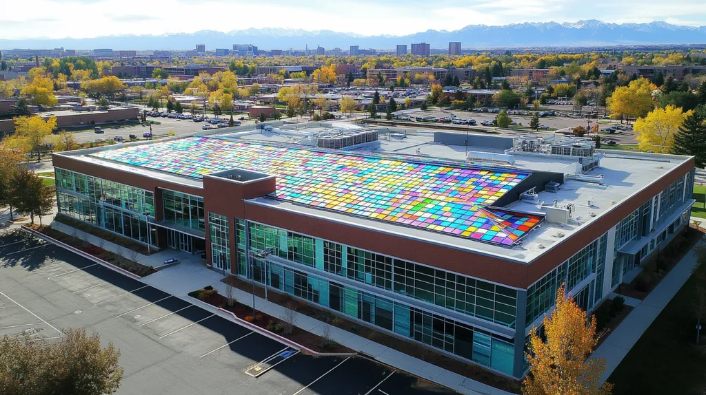 A commercial roof on a school in a location similar to Denver with a stained glass style aesthetic (AI image)