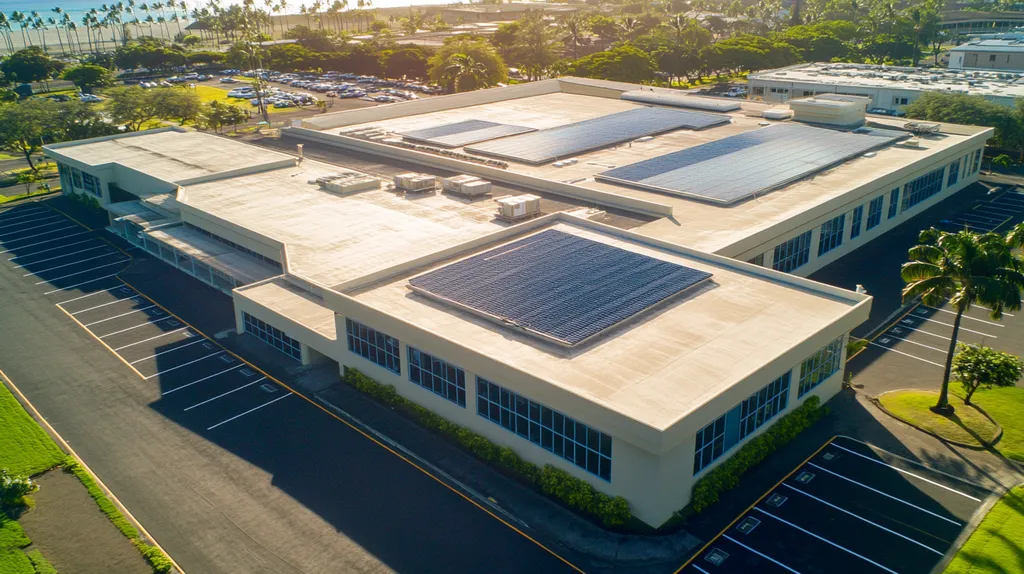 A commercial roof on a school in a location similar to Honolulu with a light beams aesthetic (AI image)