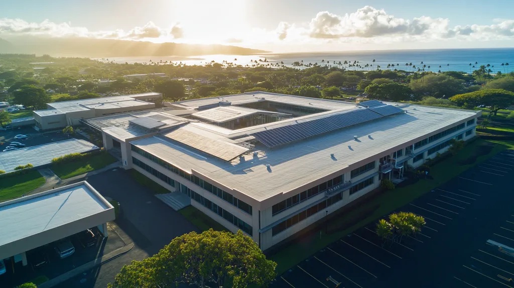A commercial roof on a school in a location similar to Honolulu with a light beams aesthetic (AI image)