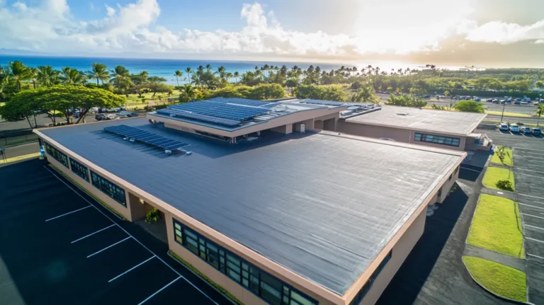 A commercial roof on a school in a location similar to Honolulu with a light beams aesthetic (AI image)