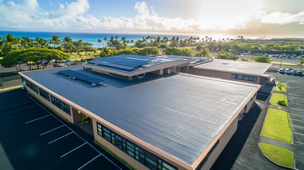 A commercial roof on a school in a location similar to Honolulu with a light beams aesthetic (AI image)