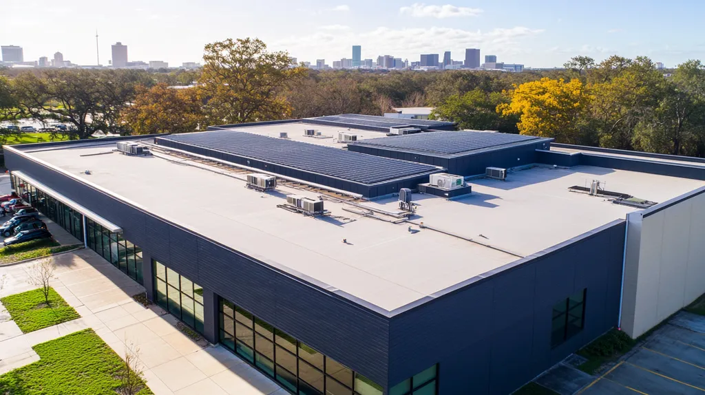 A commercial roof on a school in a location similar to Houston with a color highlight aesthetic (AI image)