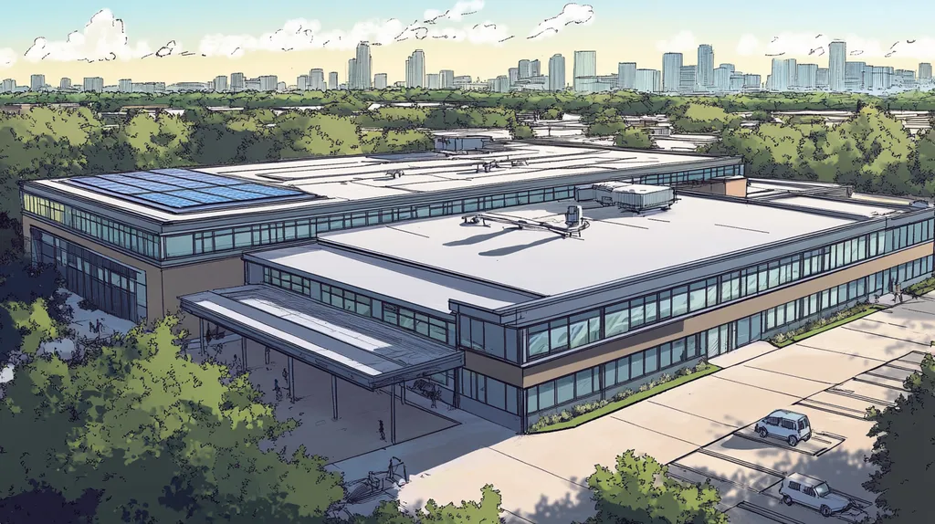 A commercial roof on a school in a location similar to Houston with a comic book style aesthetic (AI image)