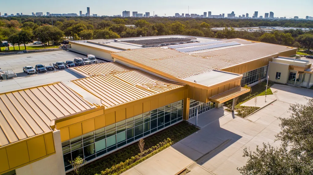 A commercial roof on a school in a location similar to Houston with a solid gold aesthetic (AI image)