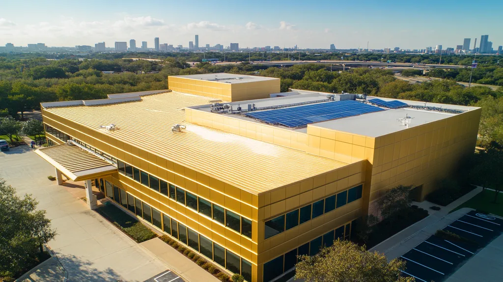 A commercial roof on a school in a location similar to Houston with a solid gold aesthetic (AI image)