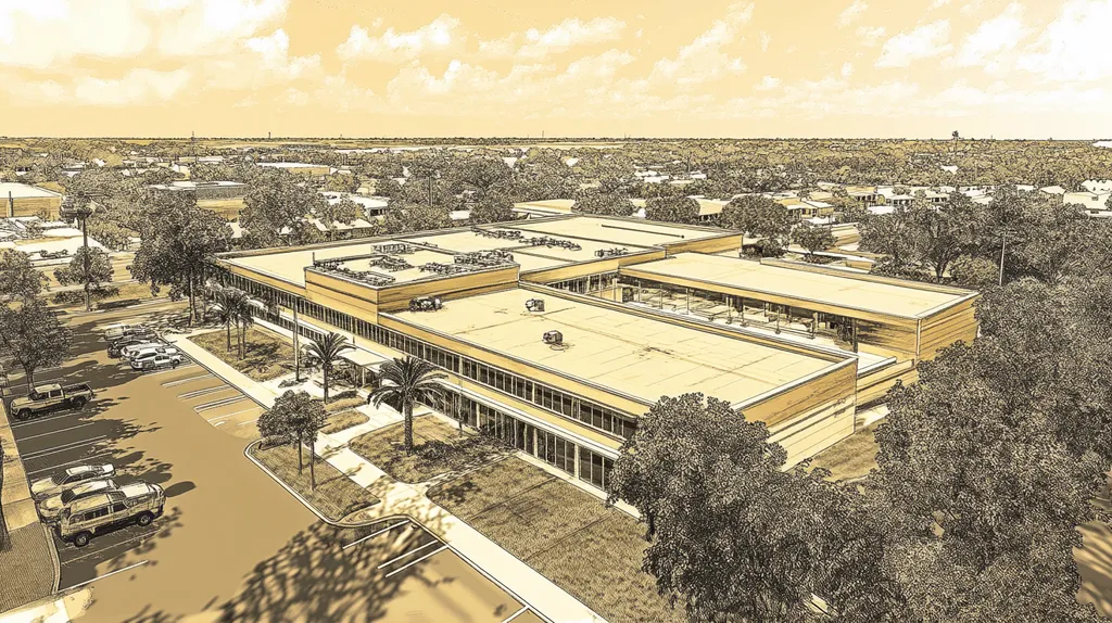 A commercial roof on a school in a location similar to Jacksonville with an architectural sketch rendering aesthetic (AI image)