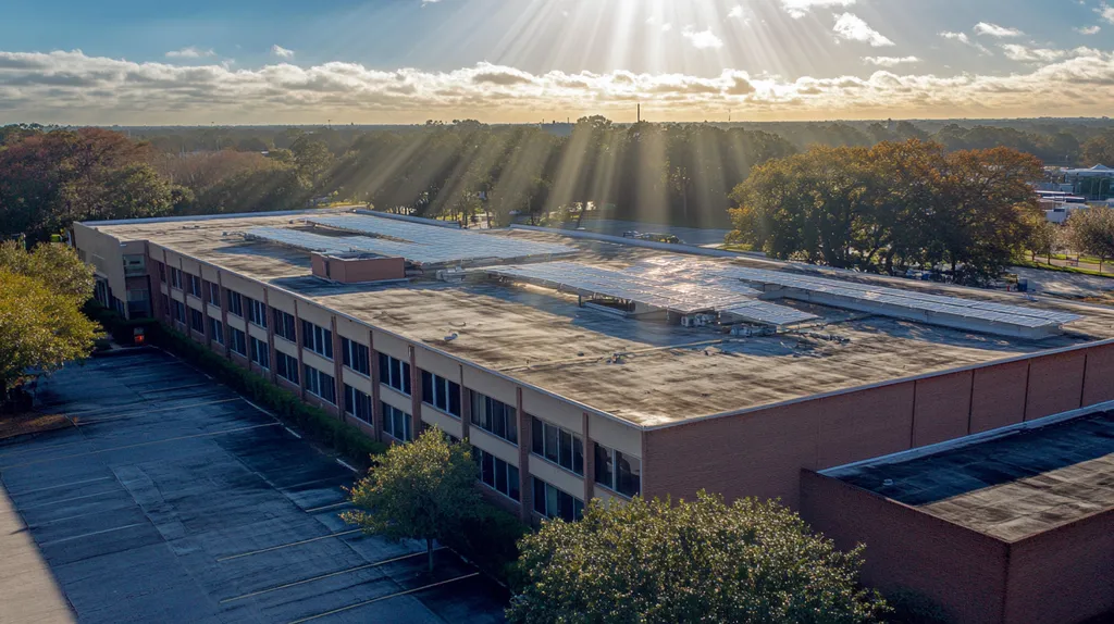 A commercial roof on a school in a location similar to Jacksonville with a light beams aesthetic (AI image)