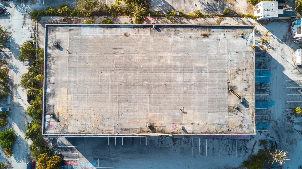A commercial roof on a school in a location similar to Key West with a graffiti mural aesthetic (AI image)