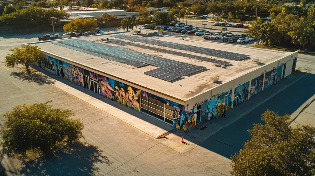 A commercial roof on a school in a location similar to Key West with a graffiti mural aesthetic (AI image)
