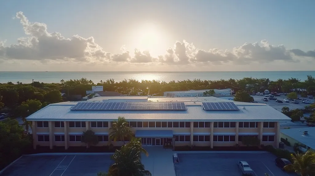 A commercial roof on a school in a location similar to Key West with light beams aesthetic (AI image)