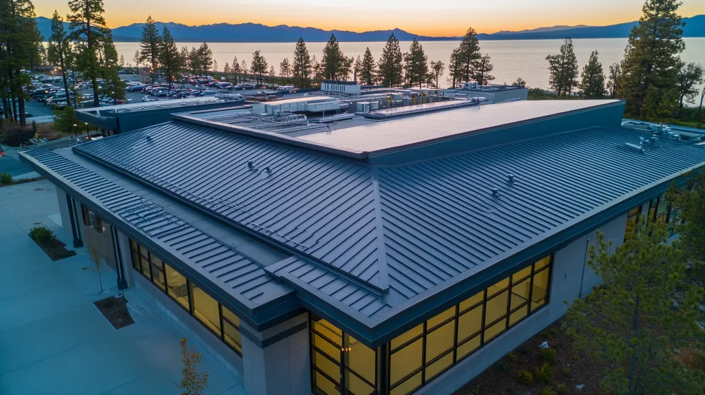 A commercial roof on a school in a location similar to Lake Tahoe with an illuminated nightscape aesthetic (AI image)