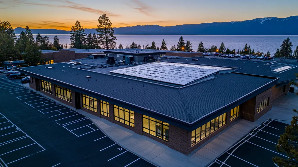 A commercial roof on a school in a location similar to Lake Tahoe with an illuminated nightscape aesthetic (AI image)