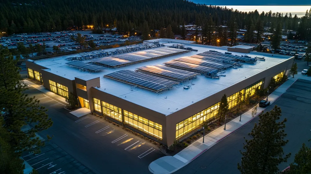 A commercial roof on a school in a location similar to Lake Tahoe with an illuminated nightscape aesthetic (AI image)