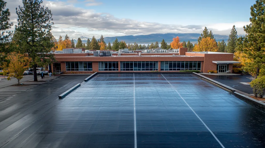 A commercial roof on a school in a location similar to Lake Tahoe with a rainy day aesthetic (AI image)