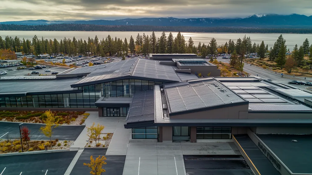 A commercial roof on a school in a location similar to Lake Tahoe with a rainy day aesthetic (AI image)