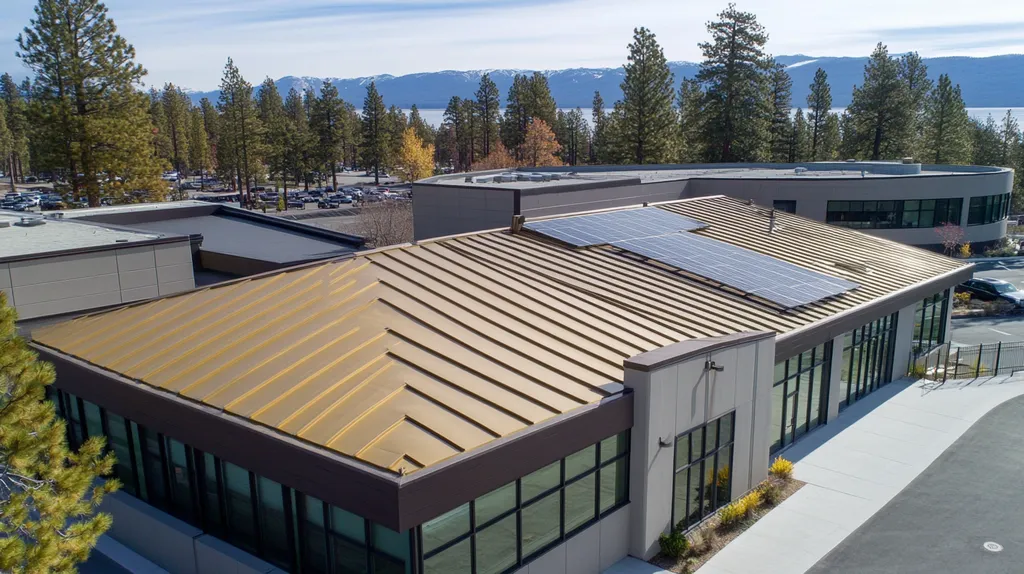A commercial roof on a school in a location similar to Lake Tahoe with a solid gold aesthetic (AI image)