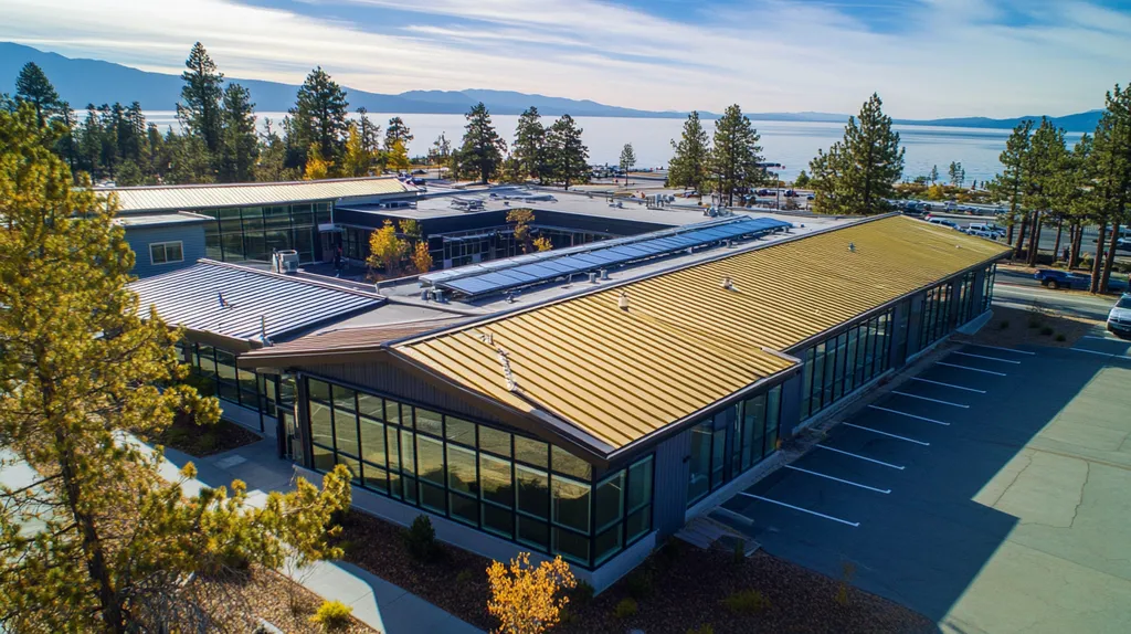 A commercial roof on a school in a location similar to Lake Tahoe with a solid gold aesthetic (AI image)