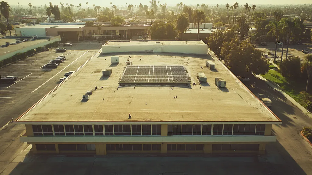 A commercial roof on a school in a location similar to Los Angeles with a Polaroid aesthetic (AI image)